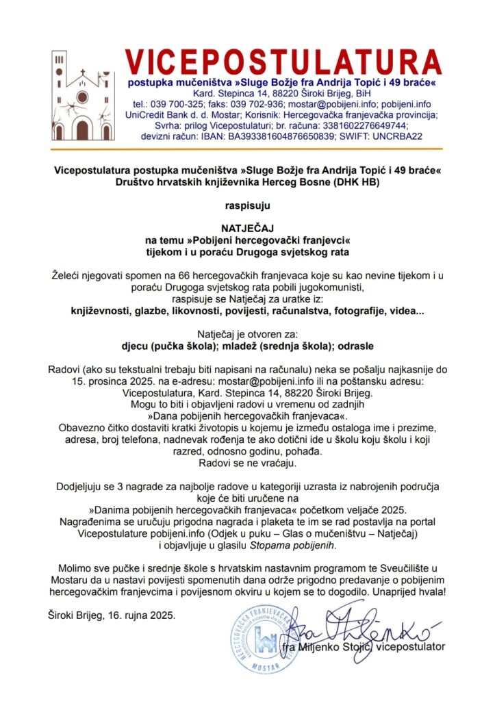 RASPISUJE SE NATJEČAJ NA TEMU »POBIJENI HERCEGOVAČKI FRANJEVCI«