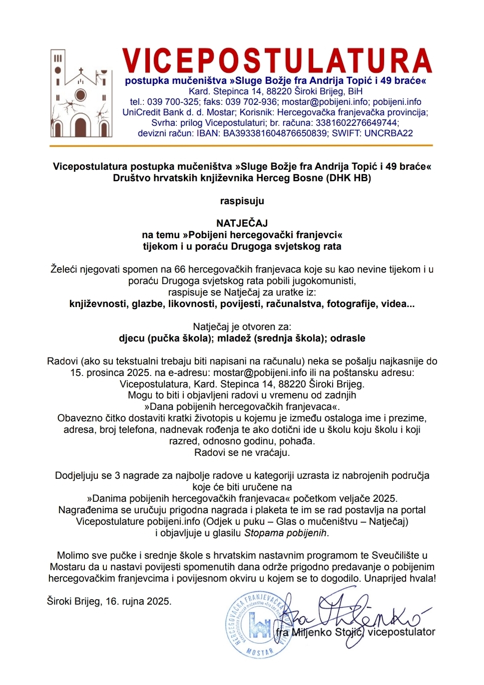 RASPISUJE SE NATJEČAJ NA TEMU »POBIJENI HERCEGOVAČKI FRANJEVCI«