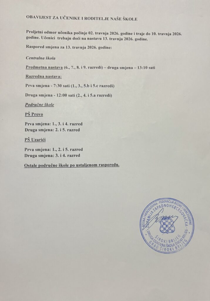 Obavijest za učenike i roditelje naše škole – proljetni odmor