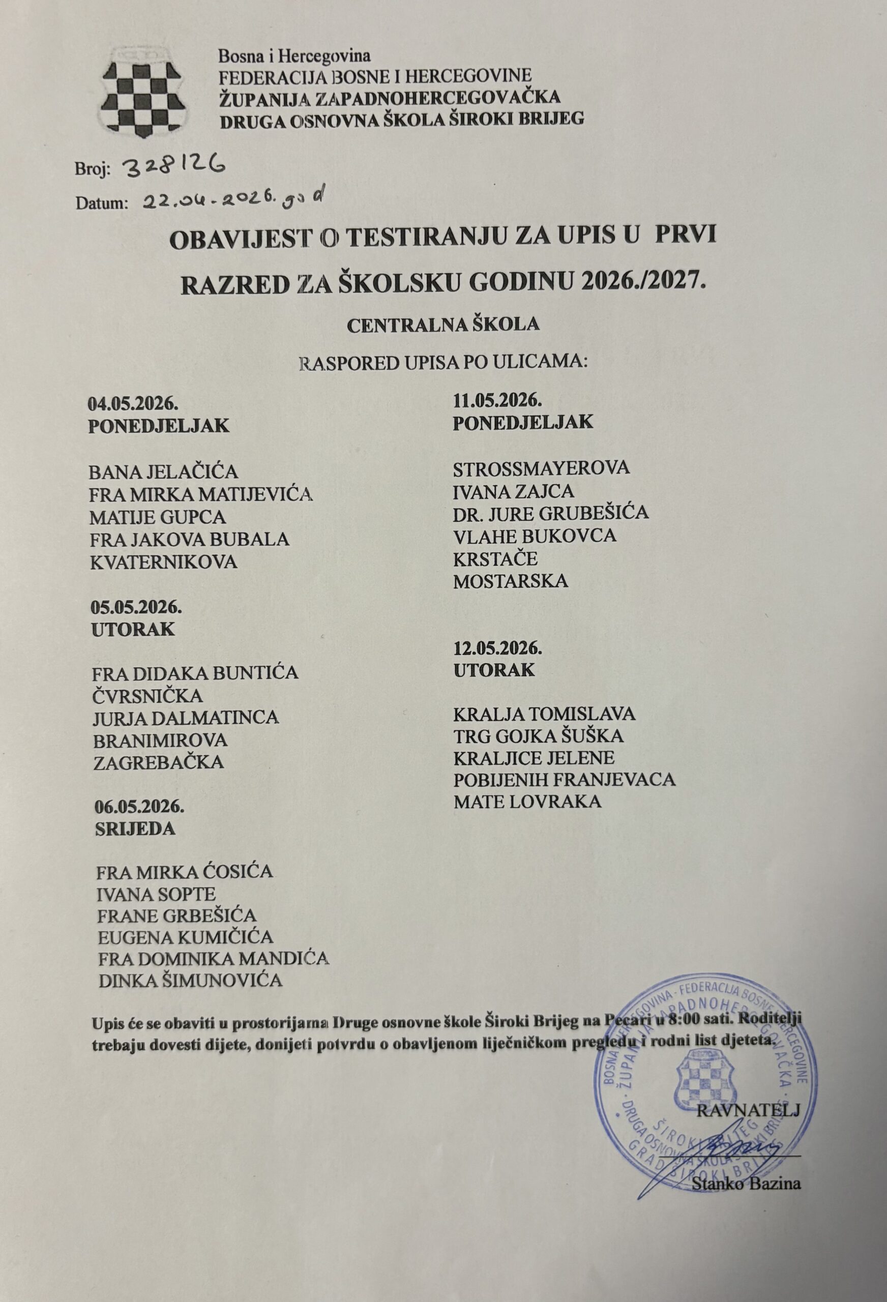 OBAVIJEST O TESTIRANJU ZA UPIS U PRVI RAZRED ZA ŠKOLSKU GODINU 2026./2027.